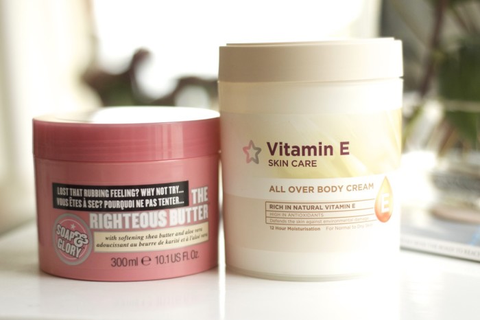 Made From Beauty Superdrug Vitamin E All Over Body Cream vs. Soap and Glory Righteous Butter